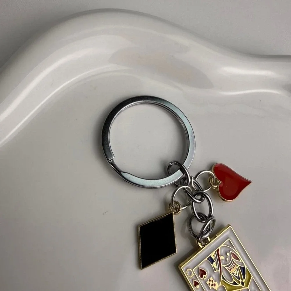 Queen Card Keychain Heart Spade Card Charm Metal Key Ring Bag Charm Accessory